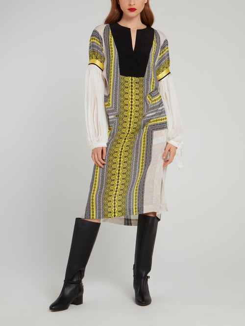 Border Print Bishop Sleeve Midi Dress