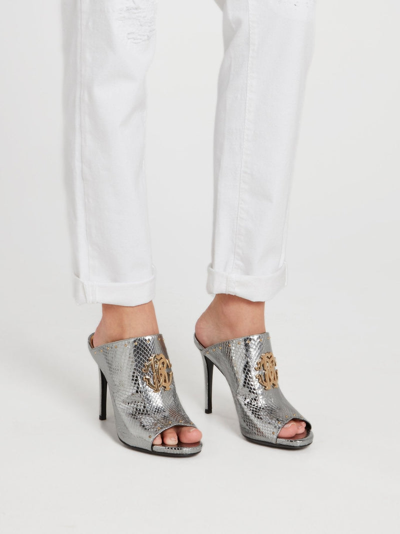 Metallic Snake Effect Monogram Sandals