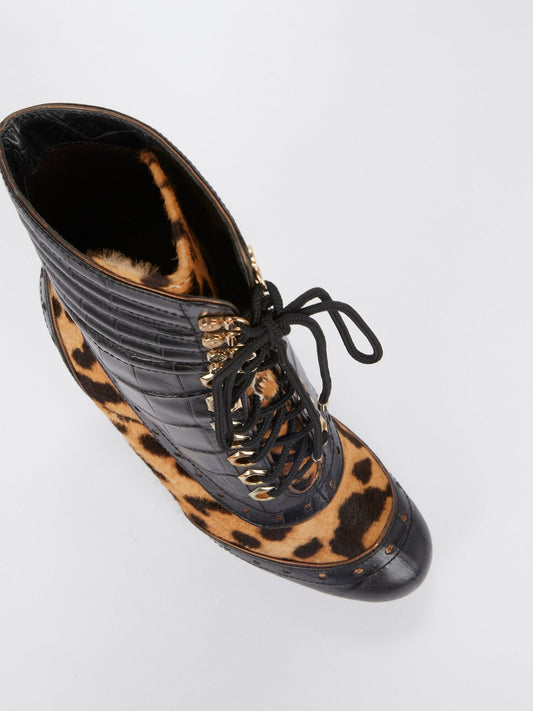 Leopard Print Lace Up Leather Boots