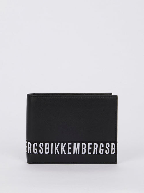 Crinkle Black Logo Leather Wallet (Billfold 7 C/C with Coin Pocket )