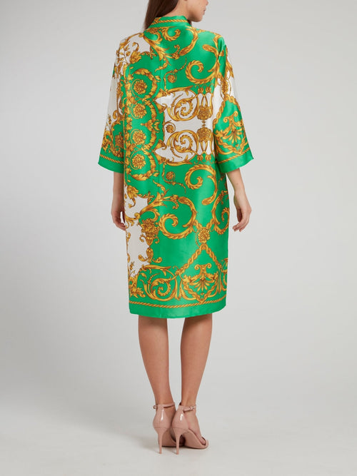 Green Baroque Print Silk Midi Dress