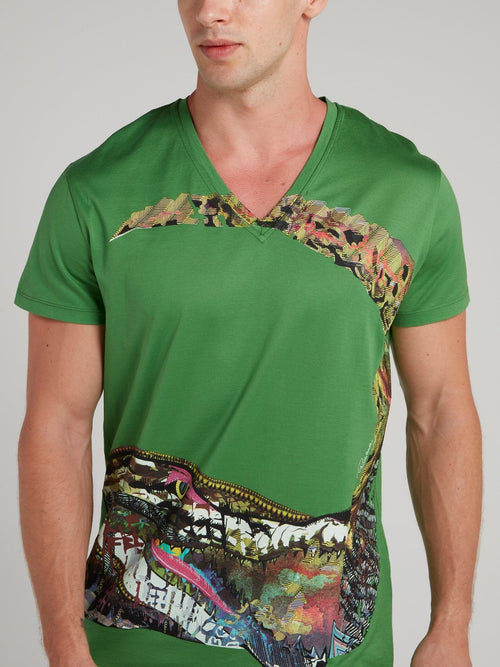 Green Crocodile Print V-Neck Shirt