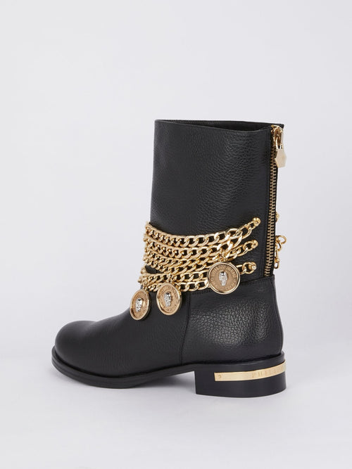 Black With Gold Chain Leather Boots