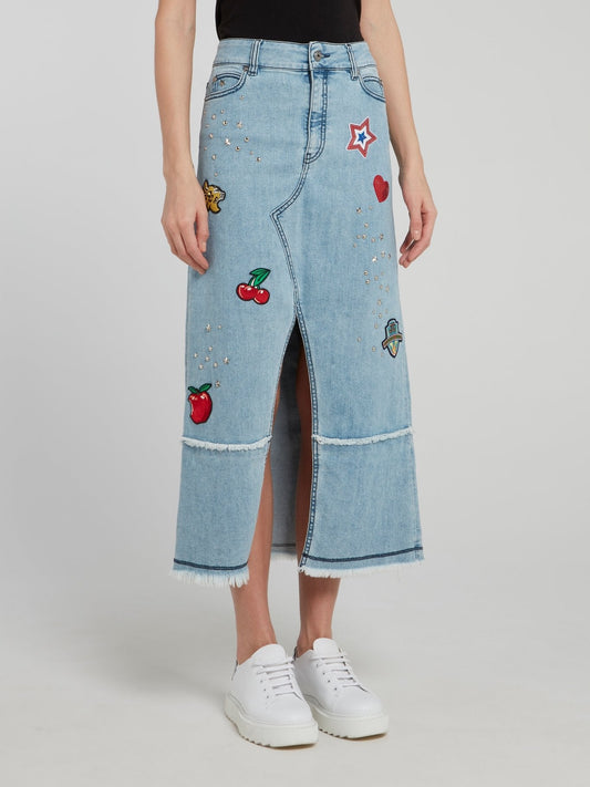 Studded High Slit Frayed Denim Midi Skirt