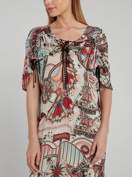 Theme Park Print Ruched Maxi Dress