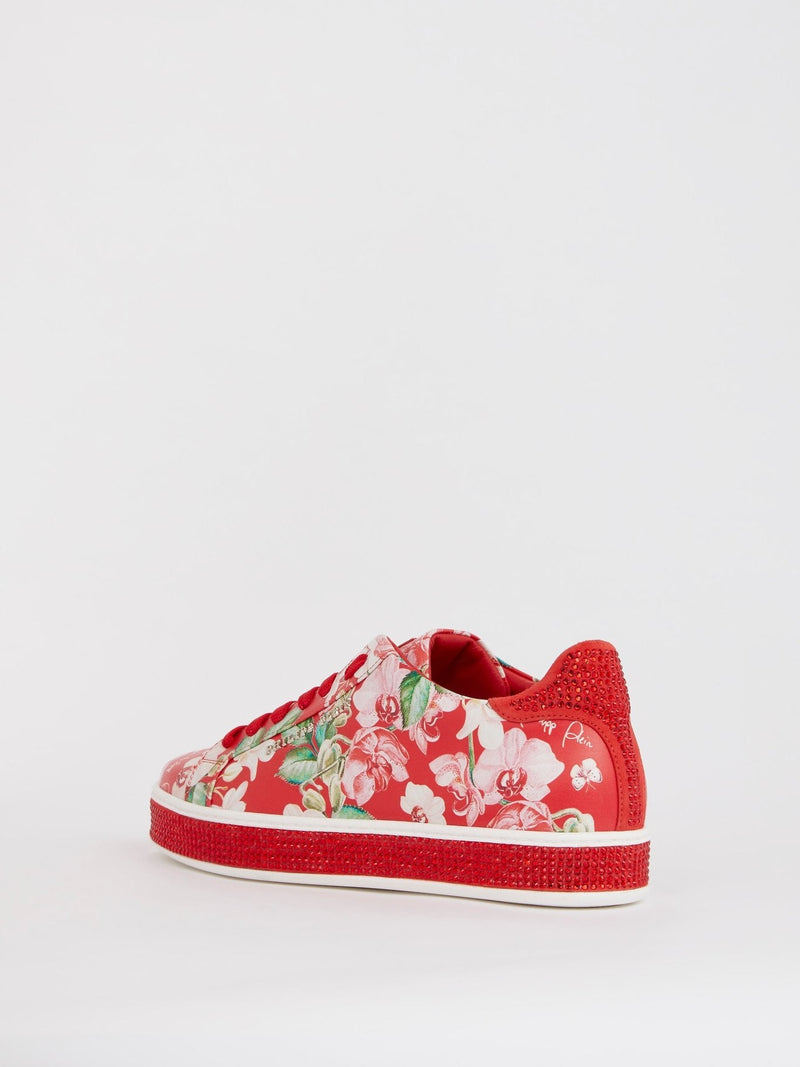 Red Floral Studded Sneakers