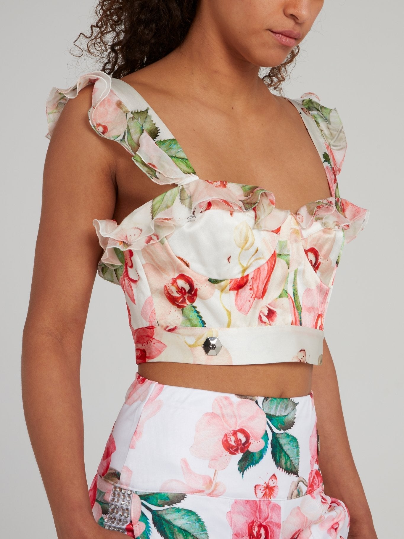 Floral Print Ruffle Cropped Top