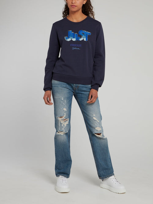 Navy Sequin Studded Logo Sweatshirt