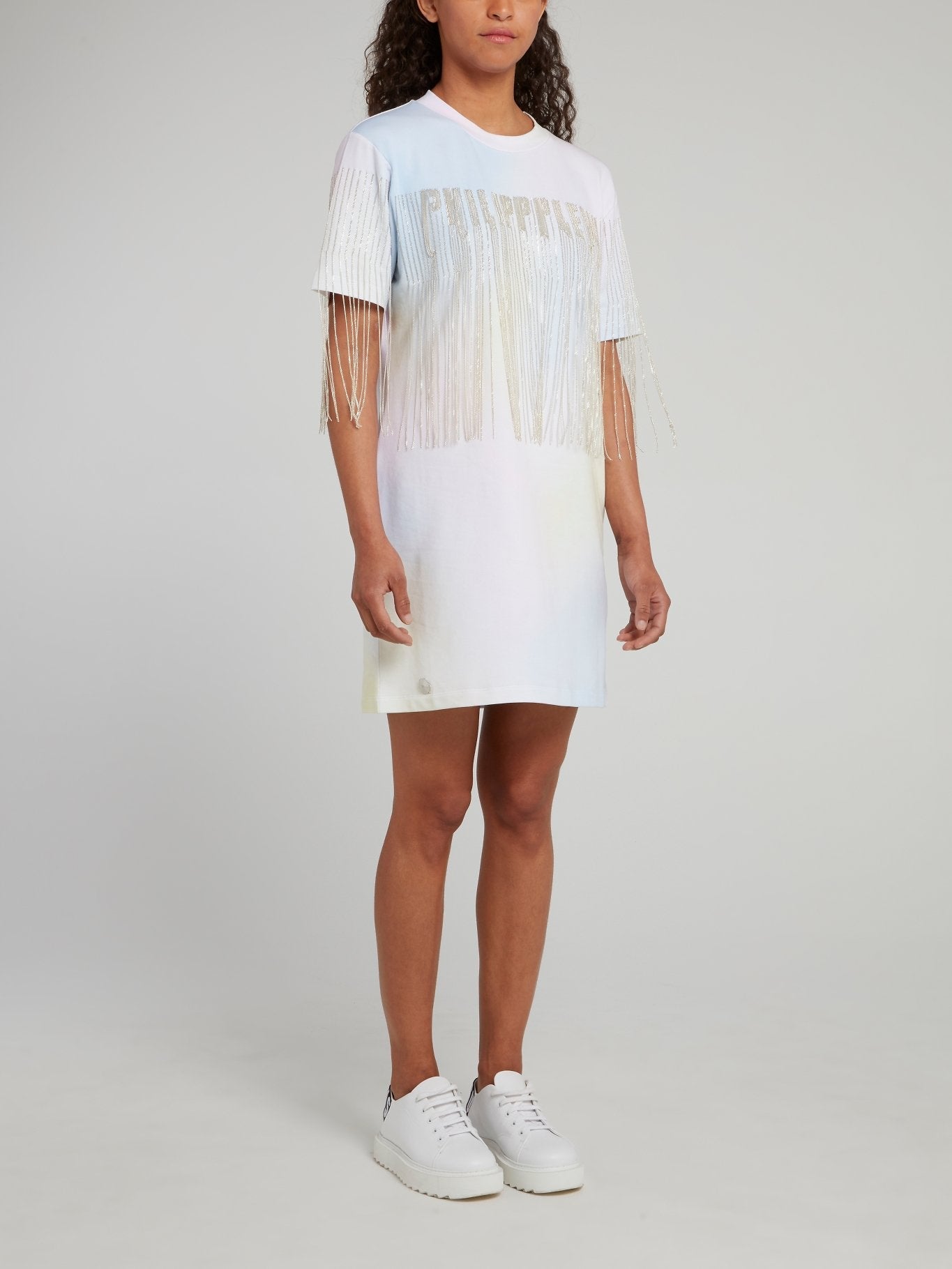 Rainbow Fringed Cotton T-Shirt Dress