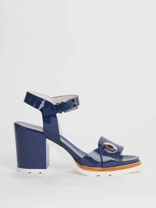 Navy Block-Heel Patent Leather Sandals