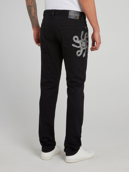 Black Snake Print Straight Leg Jeans