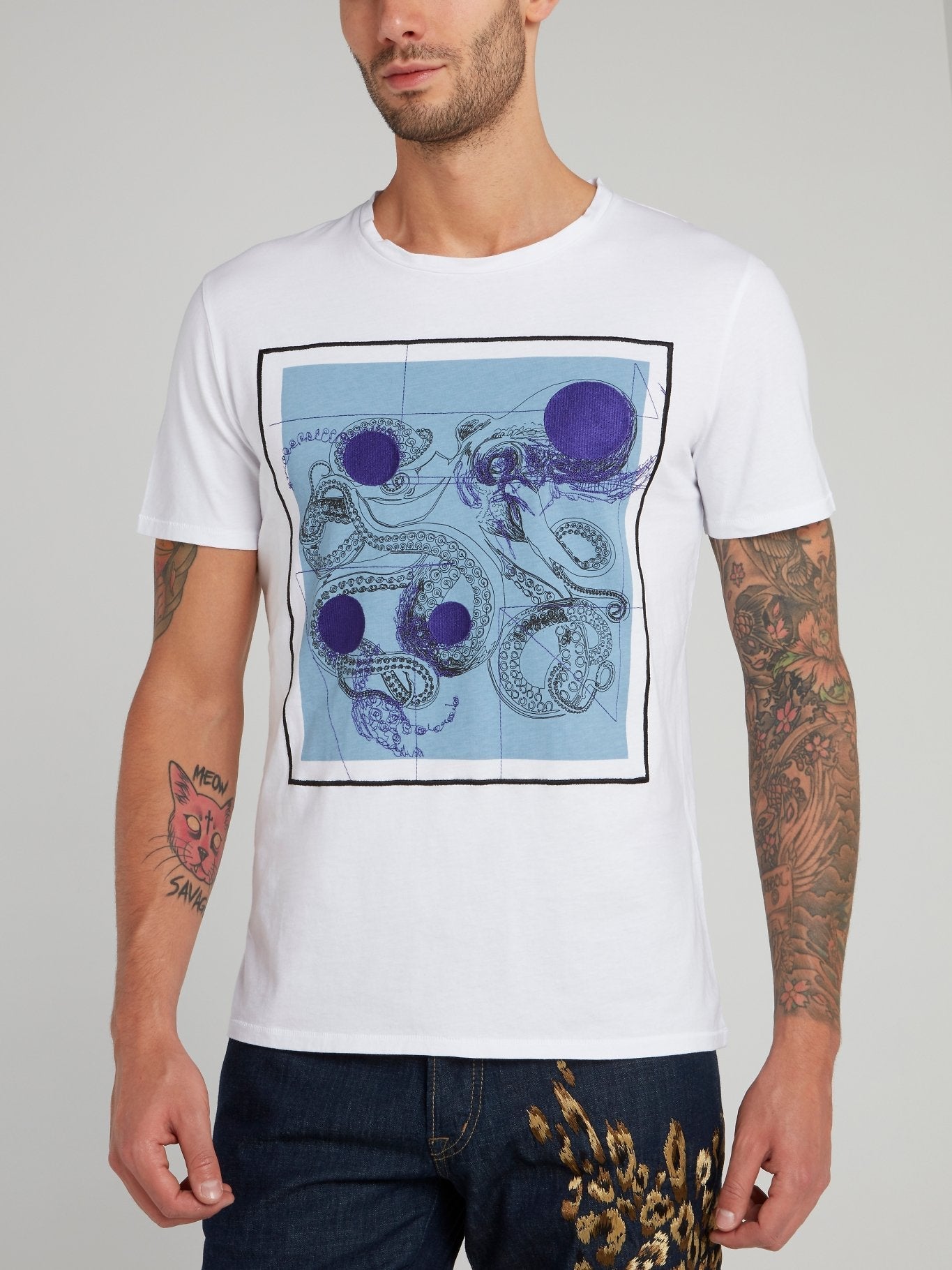 White Geometric Octopus Print T-Shirt