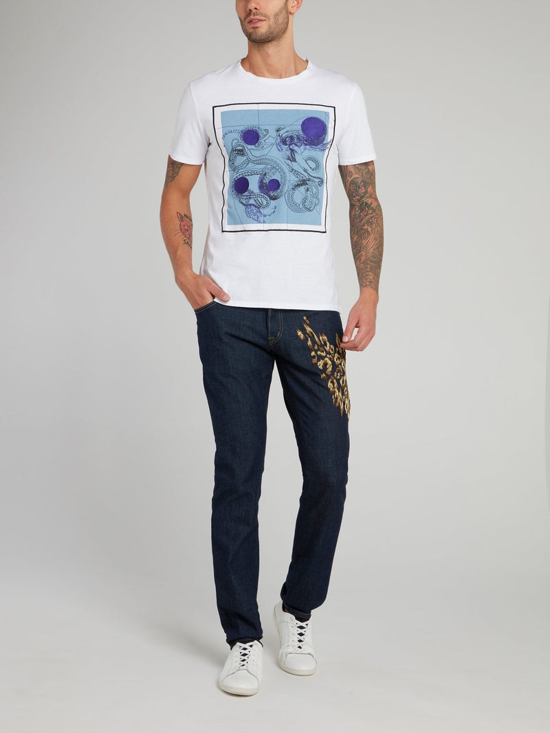 White Geometric Octopus Print T-Shirt