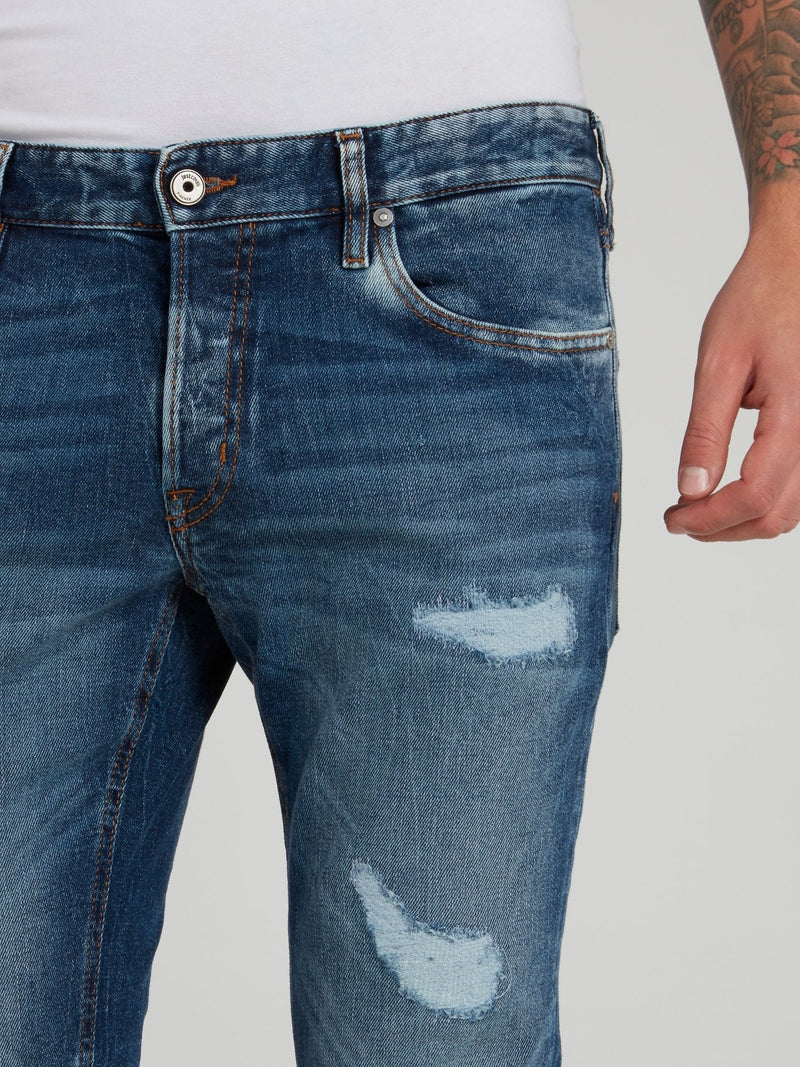 Blue Distressed Slim Fit Denim Jeans