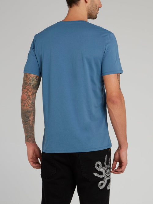 Blue Leopard Print Logo V-Neck T-Shirt