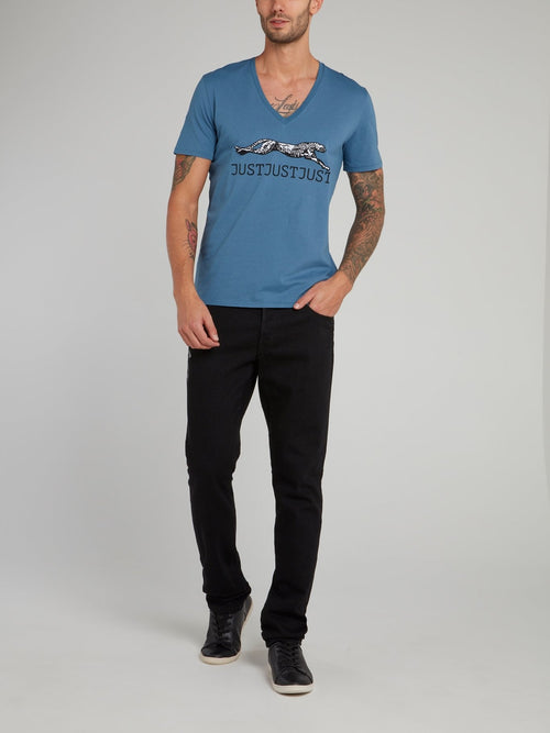 Blue Leopard Print Logo V-Neck T-Shirt