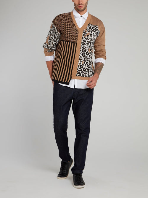 Brown Leopard and Stripes Panel Pullover