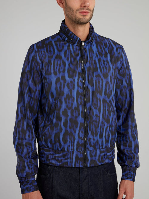 Blue Leopard Print Jacquard Zip Up Jacket