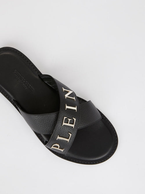 Black Crisscross Logo Leather Slippers