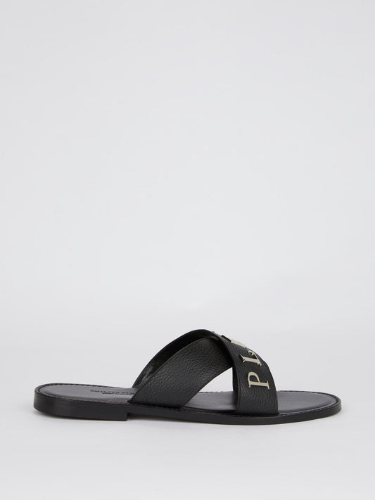 Black Crisscross Logo Leather Slippers