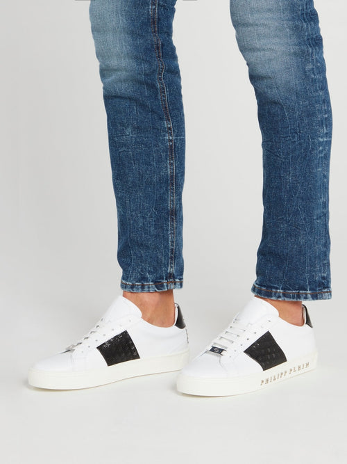 White Contrast Patch Leather Sneakers