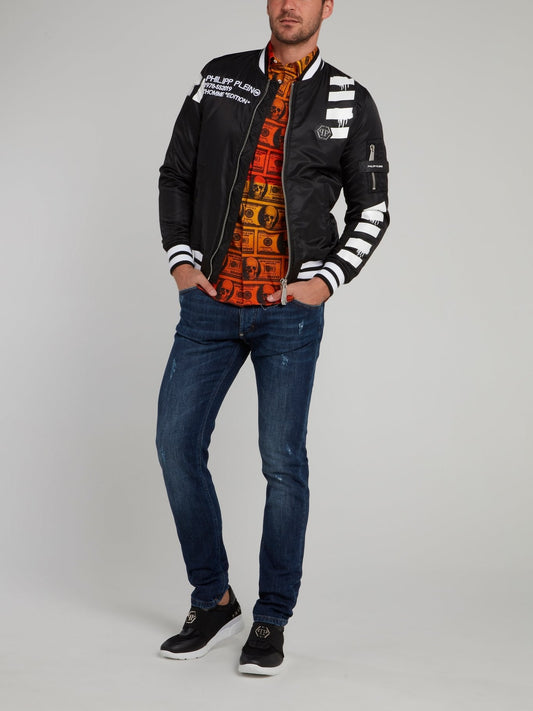 Black Stripe Edge Skull Print Bomber Jacket