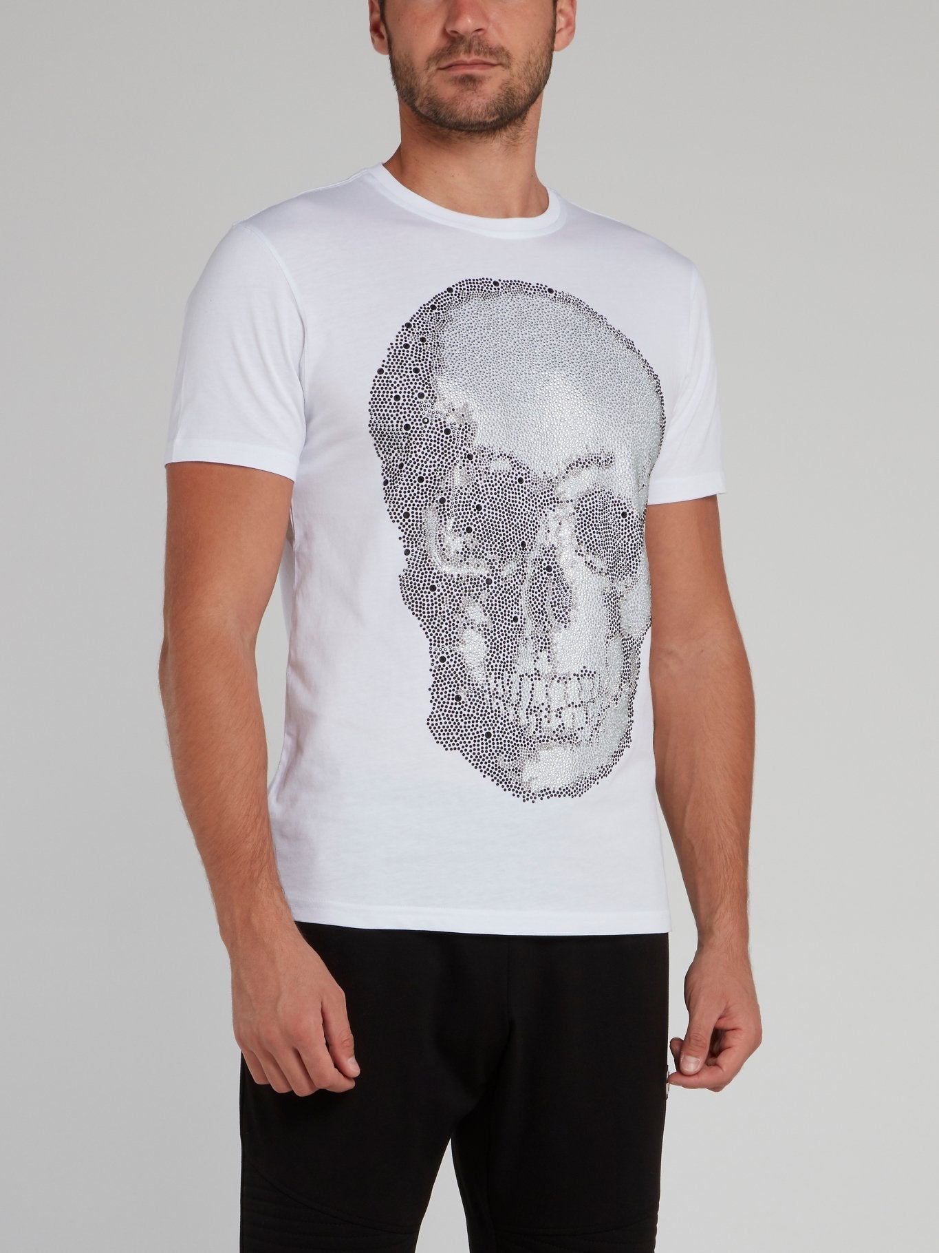 White Studded Shadow Skull Round Neck T-Shirt