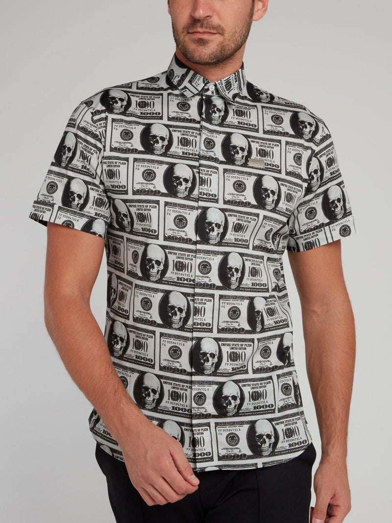 Grey Skull Dollar Print Short Sleeve Shirt