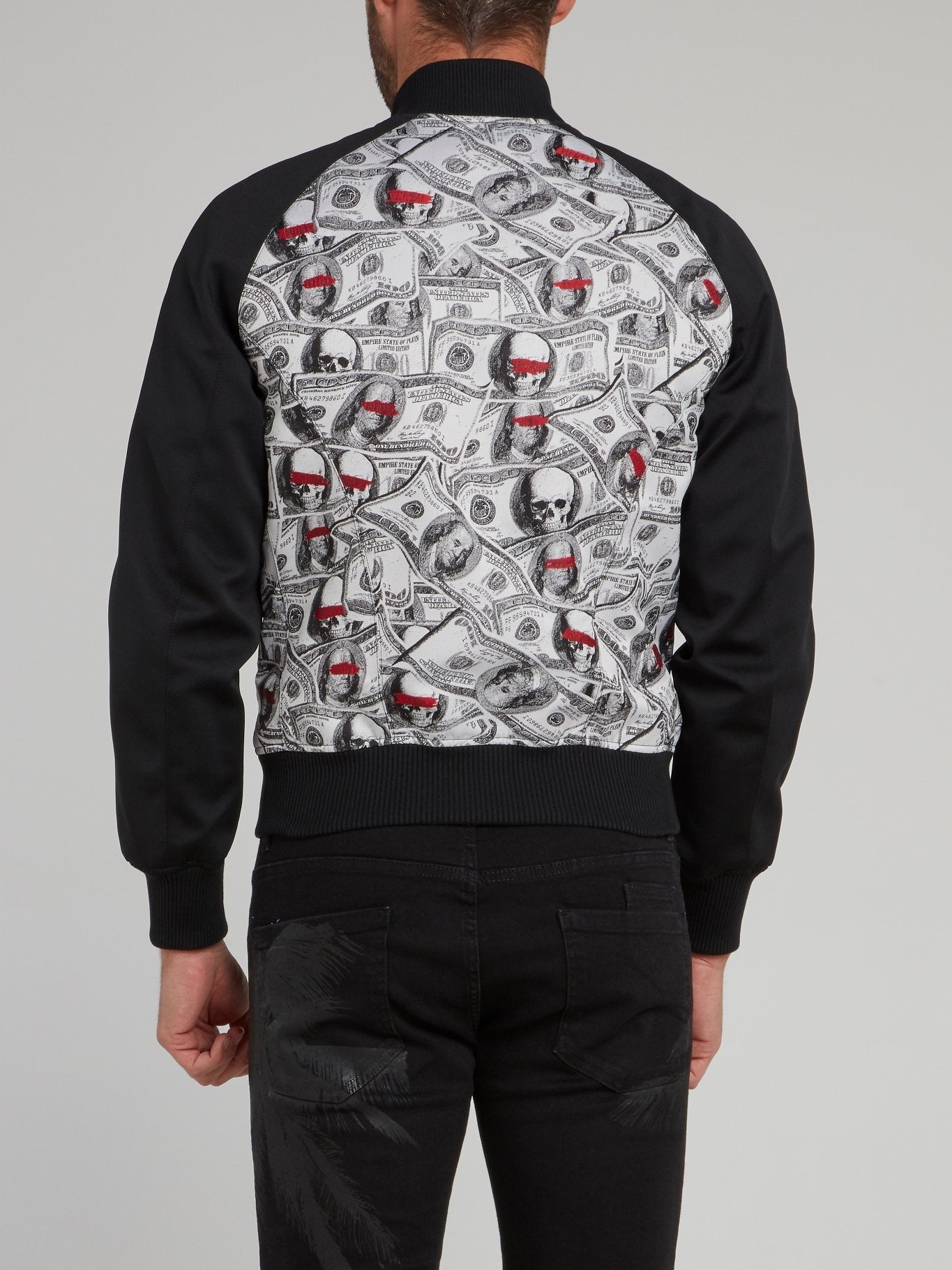 Black Panel Dollar Skull Print Bomber Jacket