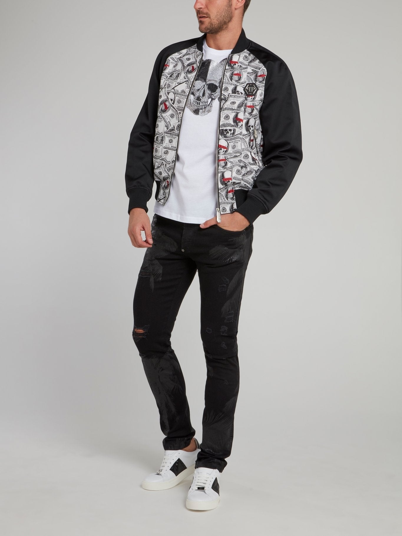 Black Panel Dollar Skull Print Bomber Jacket