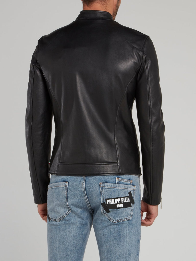 Black Clasp Neck Leather Moto Jacket