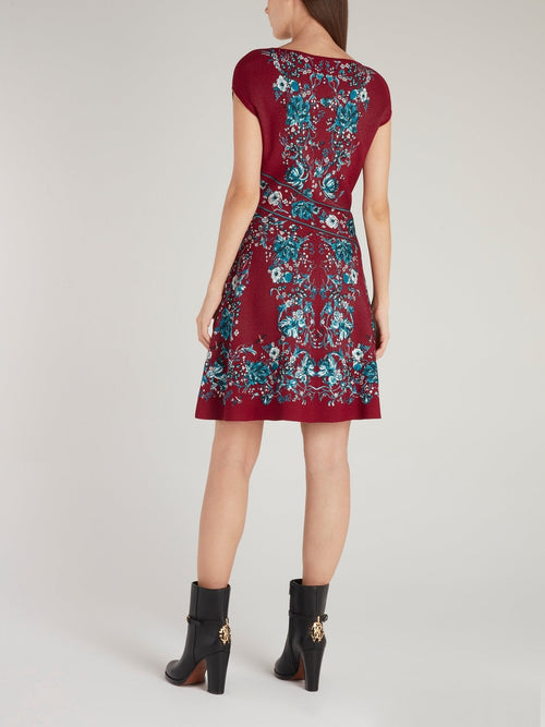 Burgundy Ribbed Floral Mini Dress