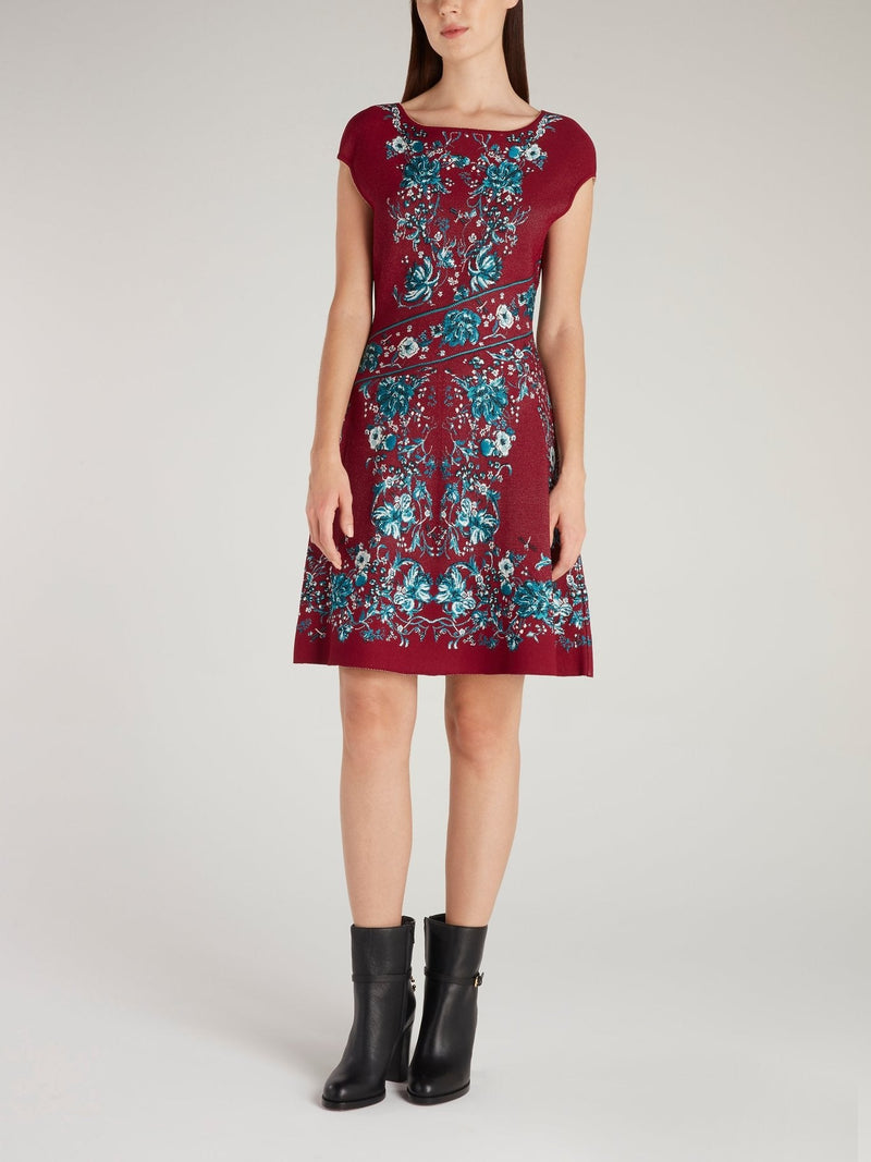 Burgundy Ribbed Floral Mini Dress