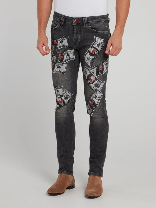 Grey Dollar Skull Slim Fit Jeans