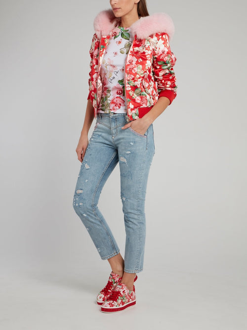 Red Floral Print Fur Collar Bomber Jacket