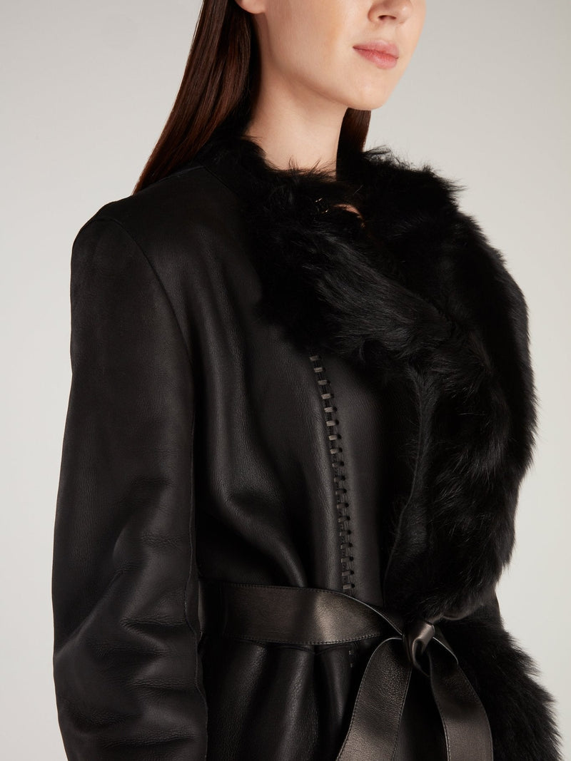 Black Fur Panel Leather Coat