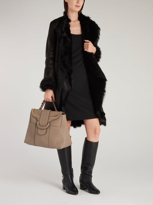 Black Fur Panel Leather Coat