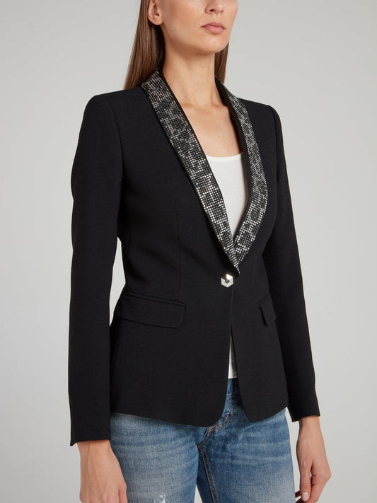 Black Leopard Effect Studded Collar Blazer