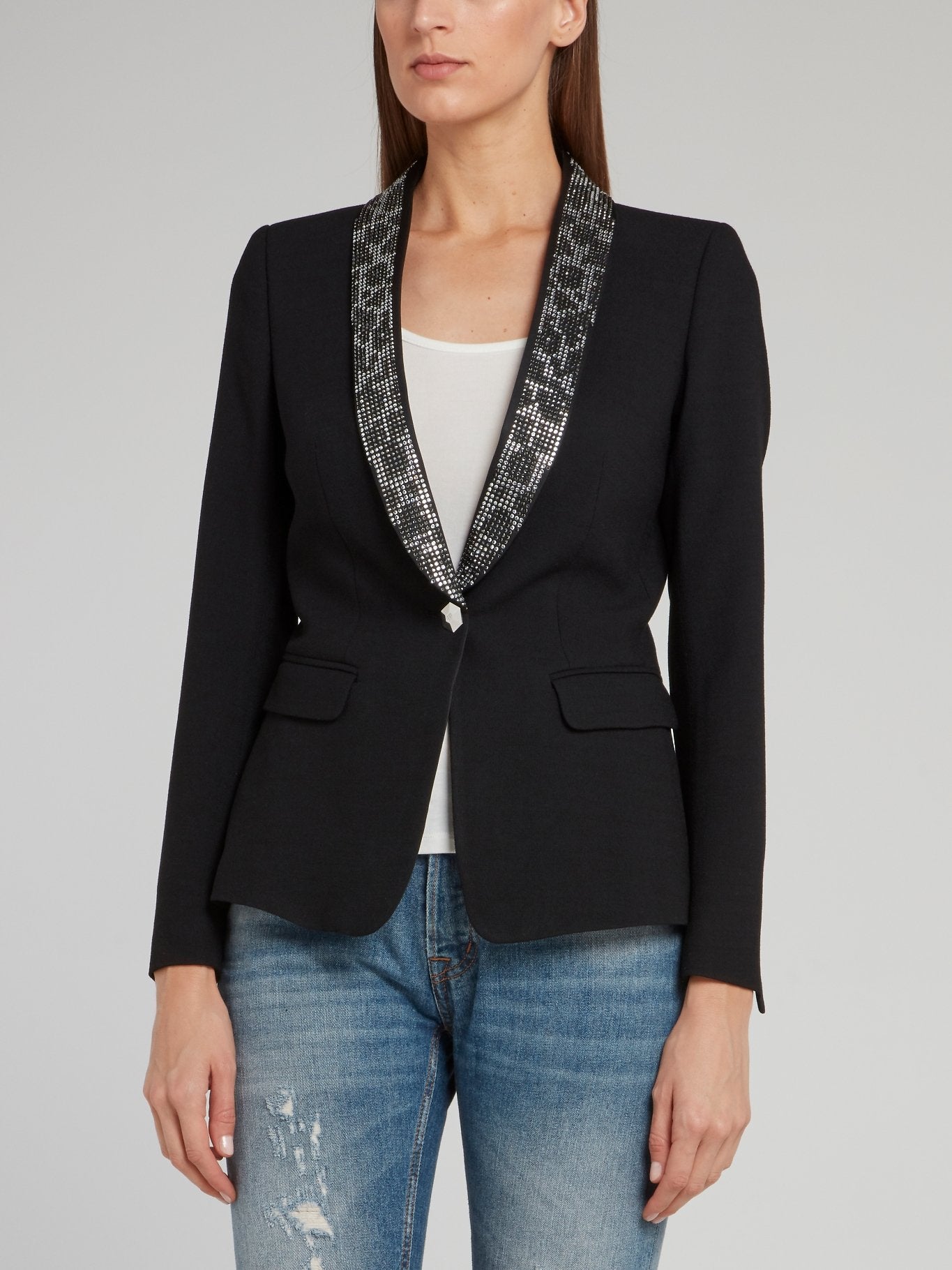 Black Leopard Effect Studded Collar Blazer