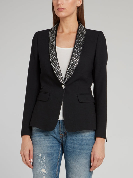 Black Leopard Effect Studded Collar Blazer