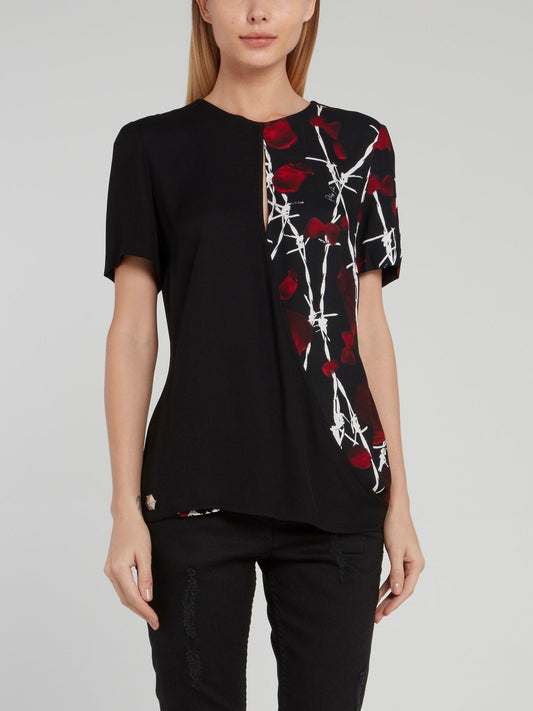 Black Rose Print Keyhole Top