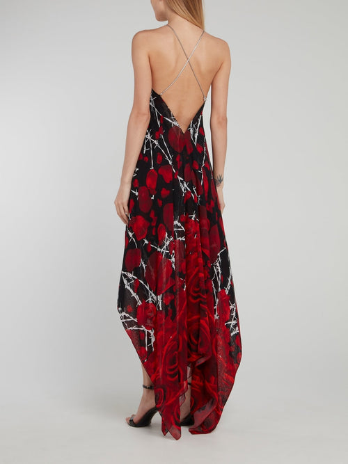 Black Rose Print High-Low Halter Dress