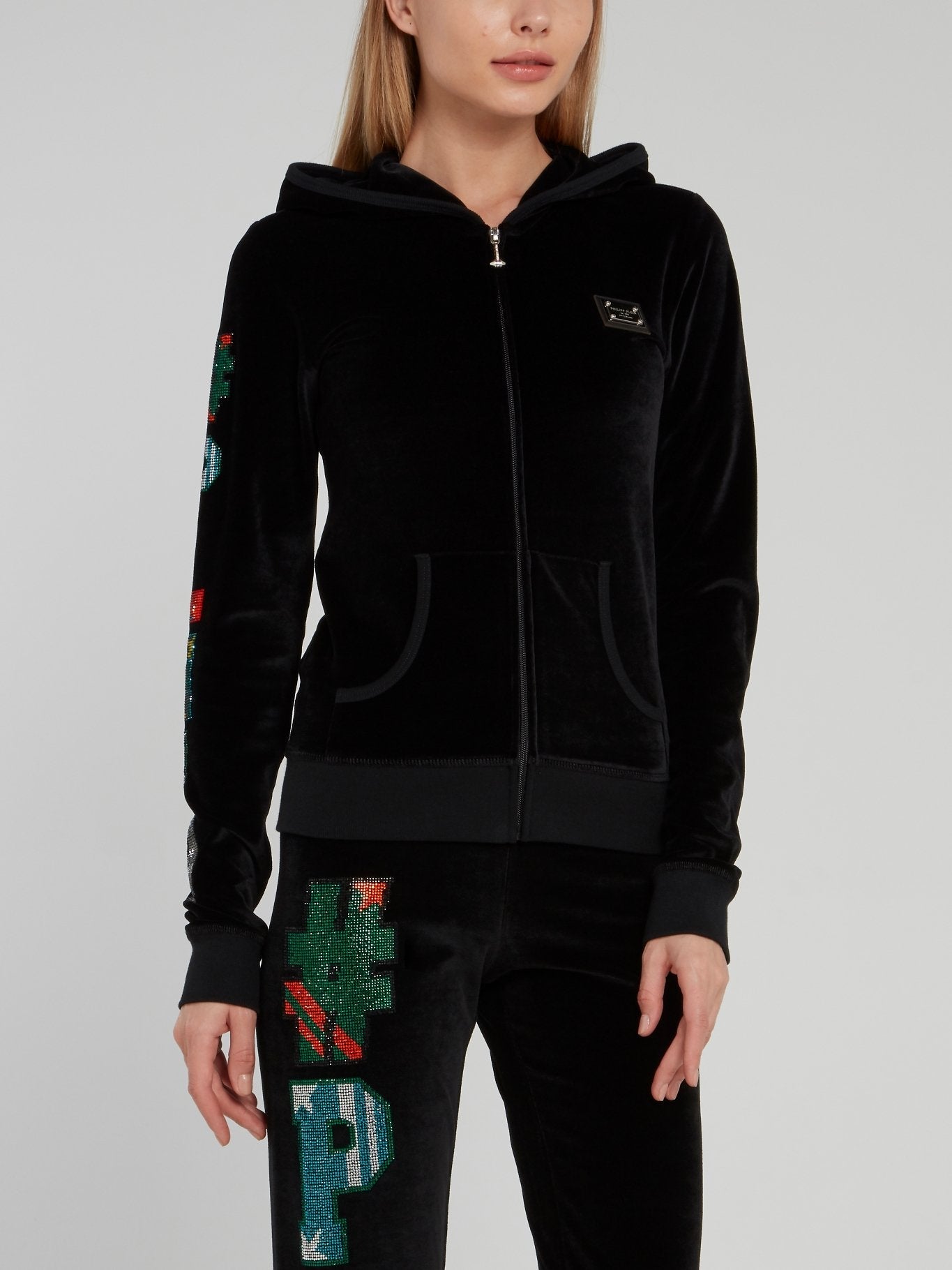 Black Velvet Embellished Hooded Sweatshirt