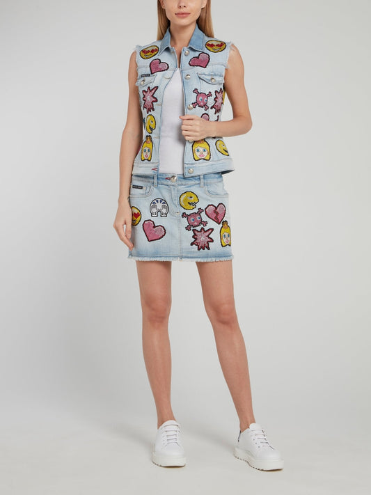 Blue Embroidered Emoji Frayed Denim Skirt