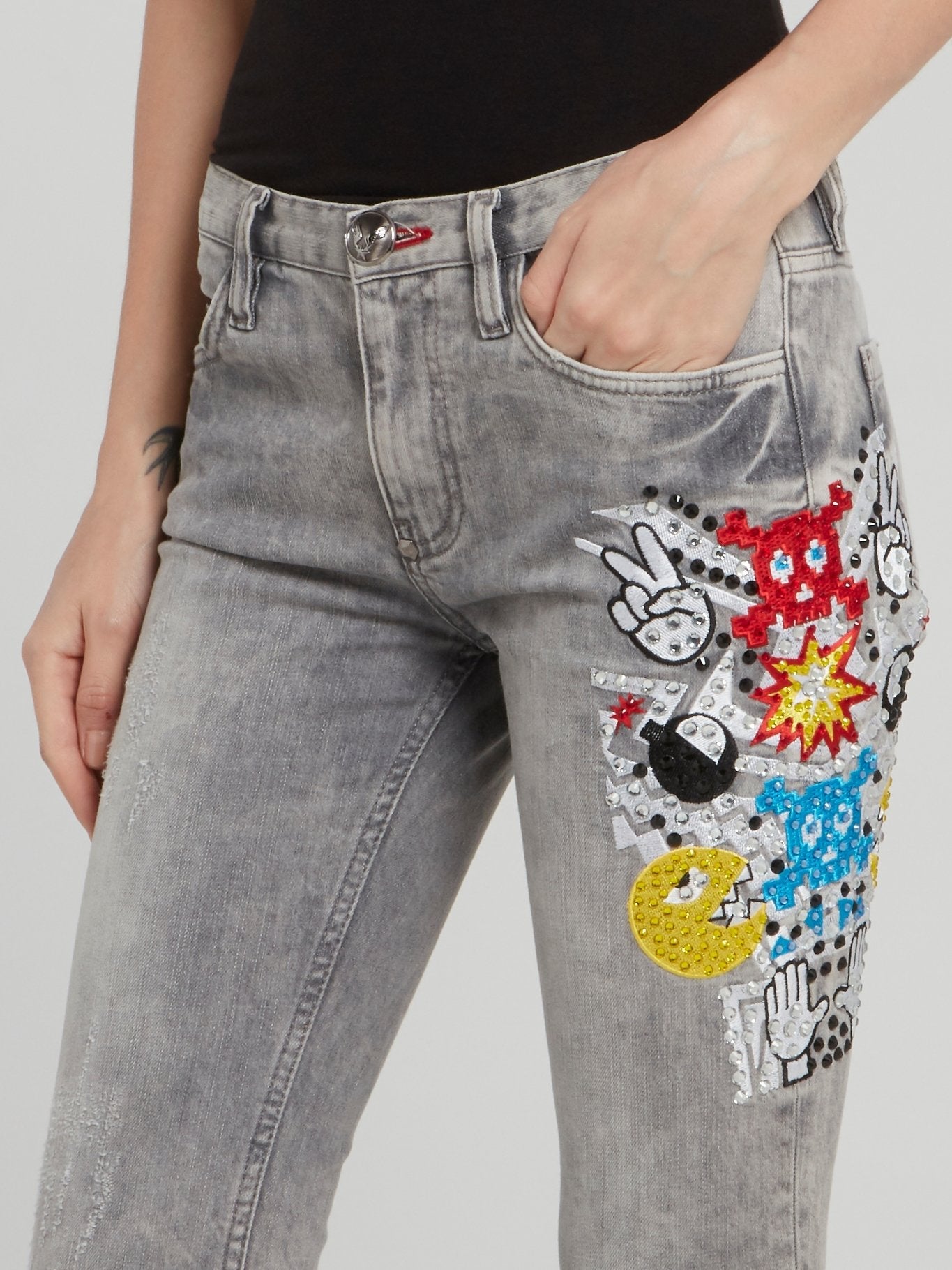 Grey Multi-Stud Distressed Cropped Pants