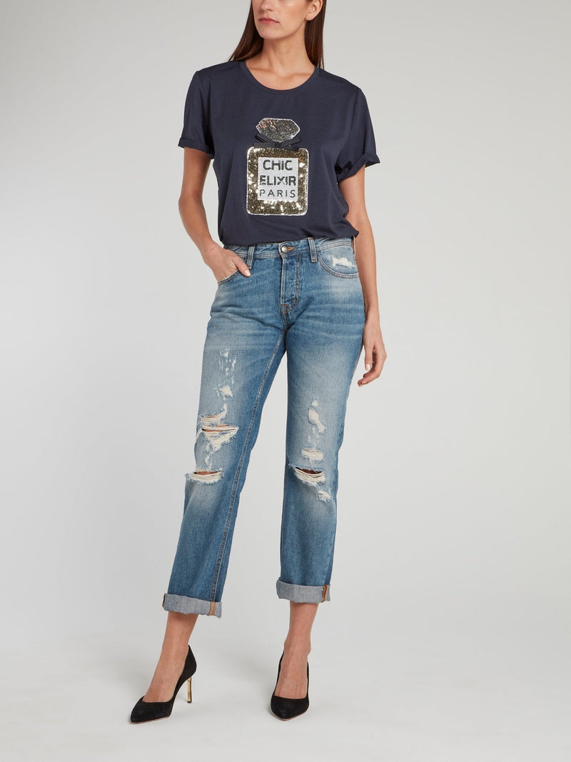 Navy Sequin Embellished Cotton T-Shirt