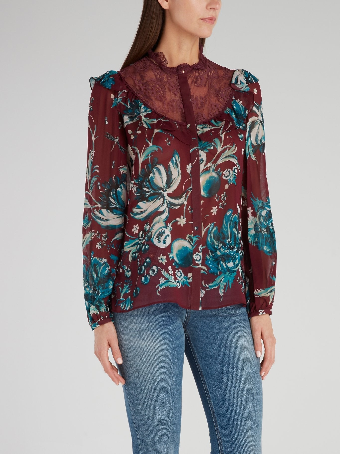 Lace Neckline Floral Shirt