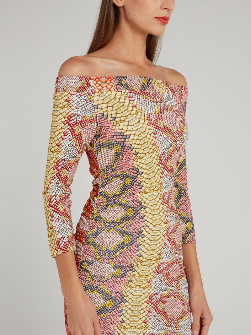 Snake Effect Off-The-Shoulder Ruched Mini Dress