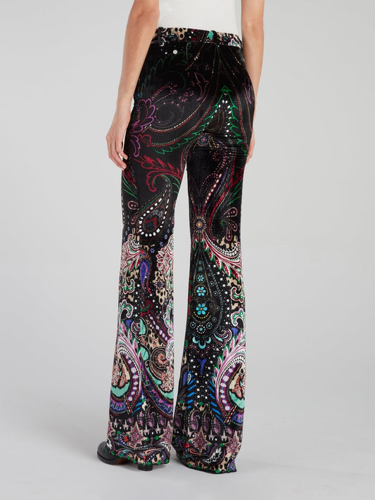 Baroque Print Velvet Flared Pants