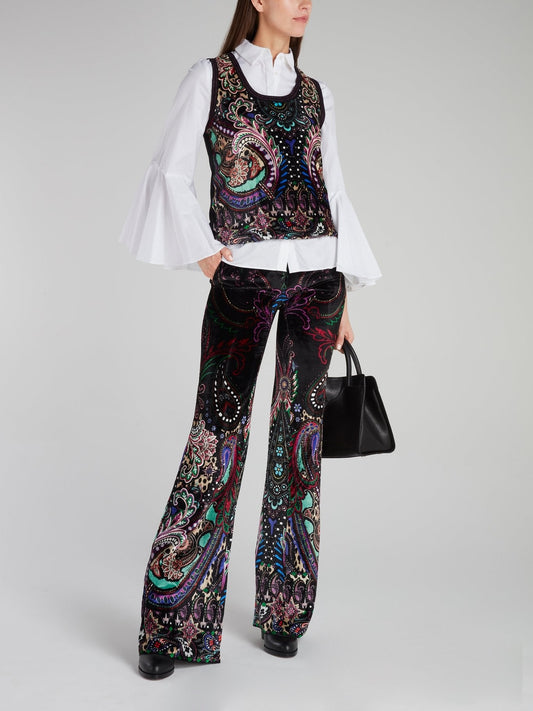 Baroque Print Velvet Flared Pants